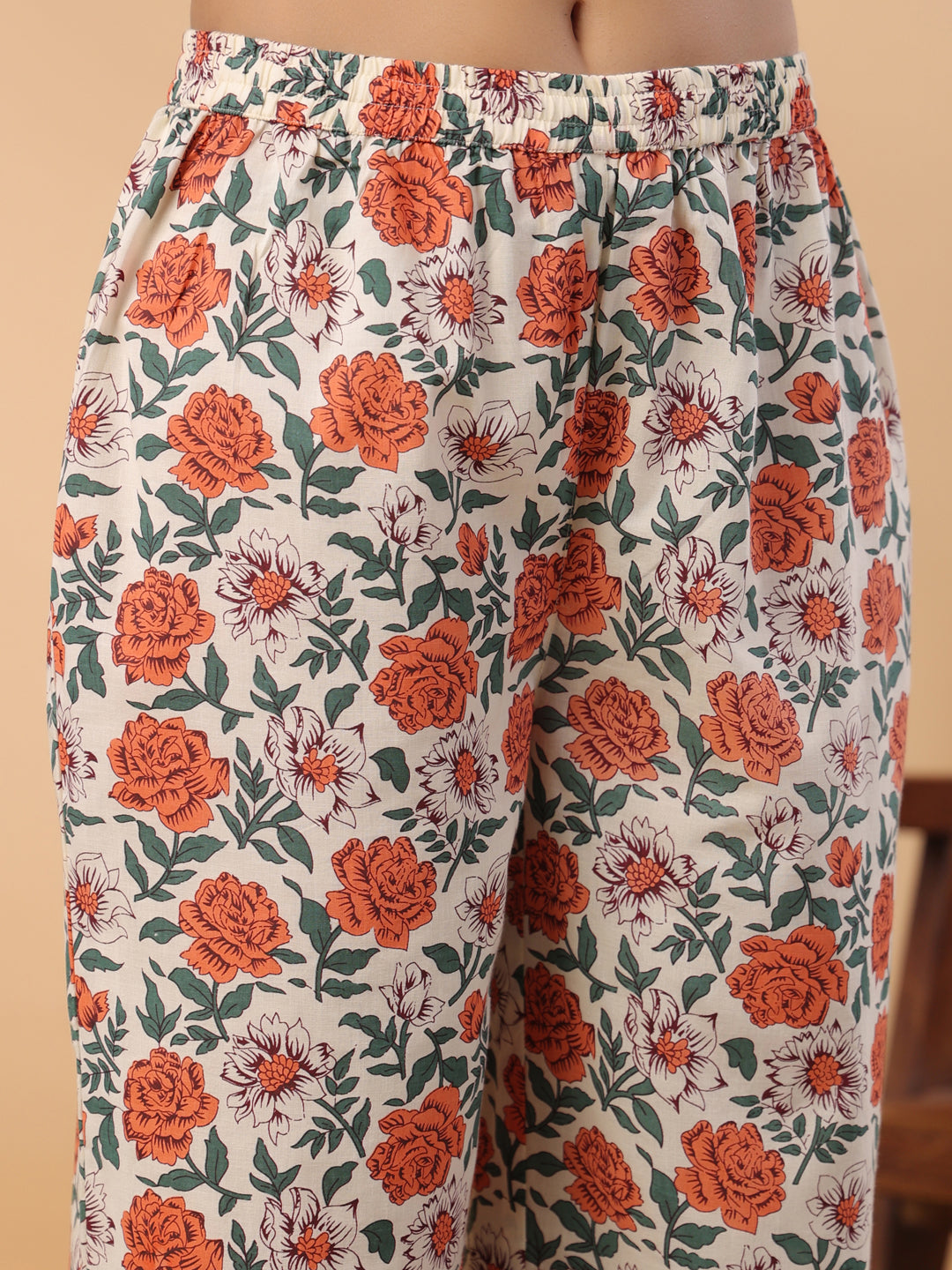 Janasya Gathered Cambric Cream Floral Round Neck Kurta & Bottom | Swadesiicart