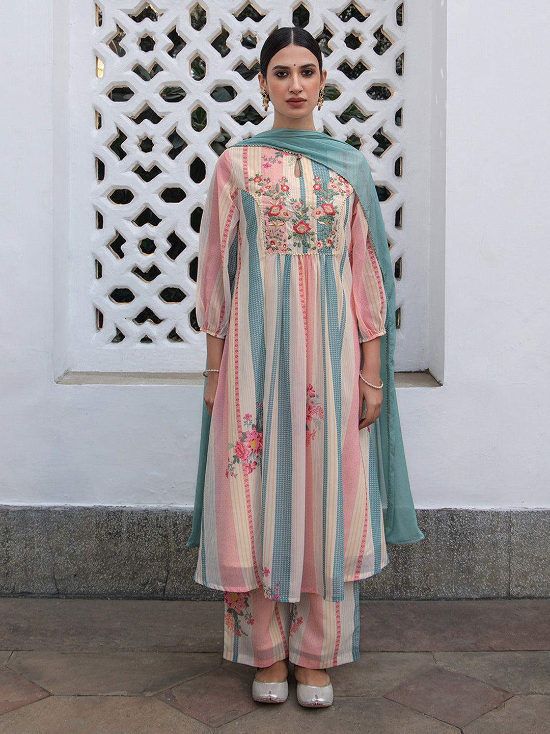 Janasya From Style Master Georgette Floral A-Line Kurta Set | Swadesiicart