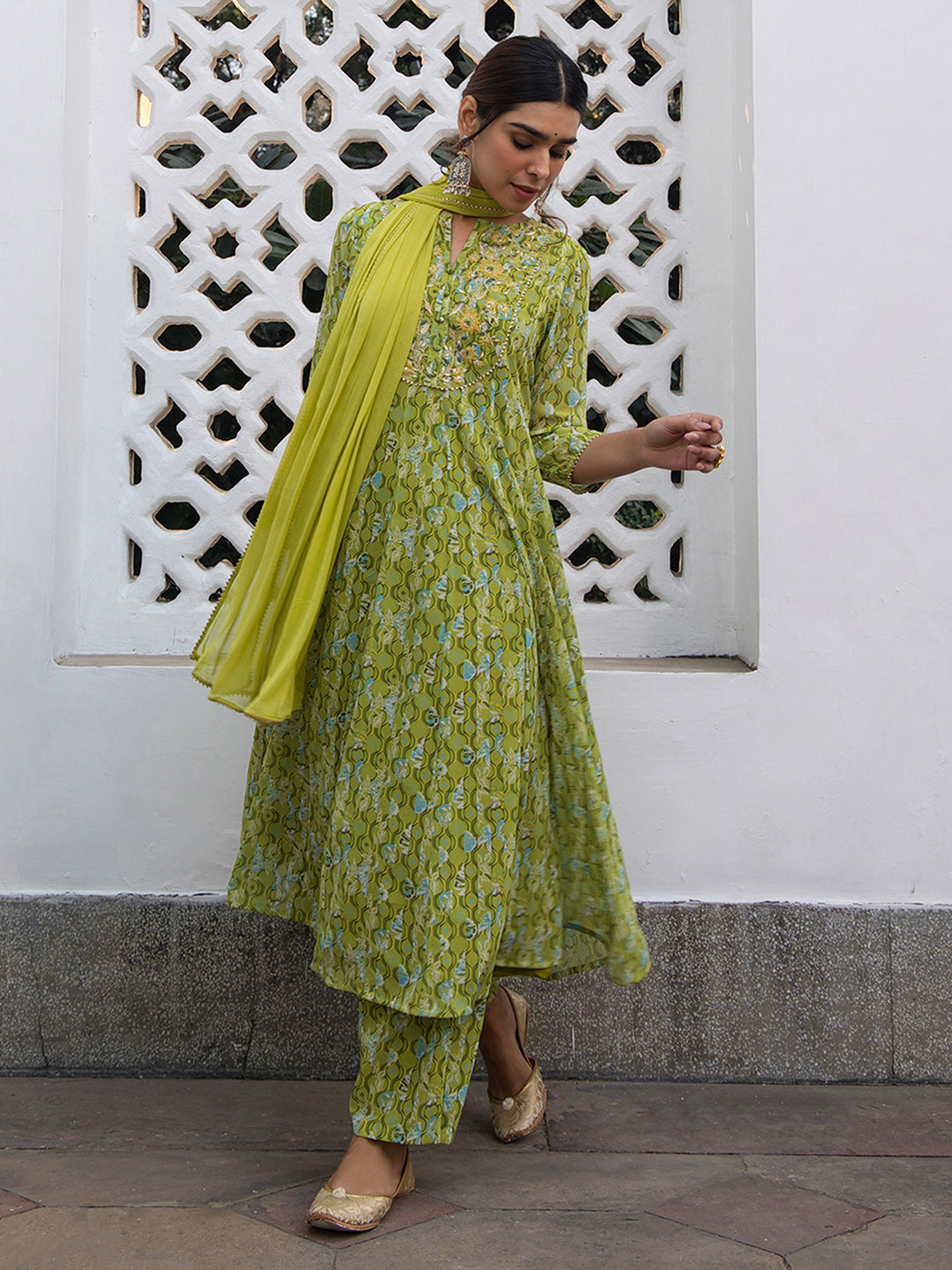 Janasya Anarkali Weightless Georgette Lime Green Yoke Embroidery Notch Neck Set | Swadesiicart