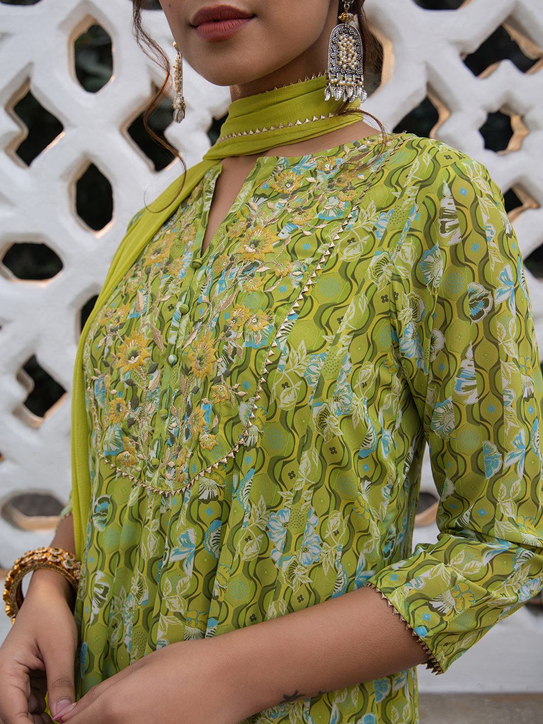 Janasya Anarkali Weightless Georgette Lime Green Yoke Embroidery Notch Neck Set | Swadesiicart