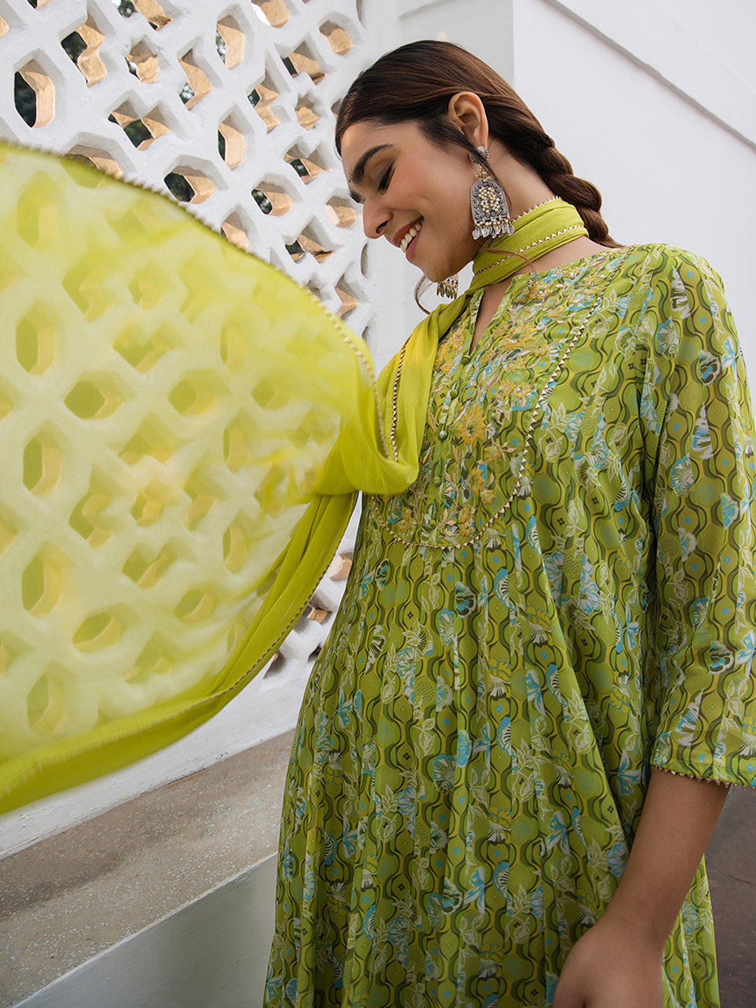 Janasya Anarkali Weightless Georgette Lime Green Yoke Embroidery Notch Neck Set | Swadesiicart