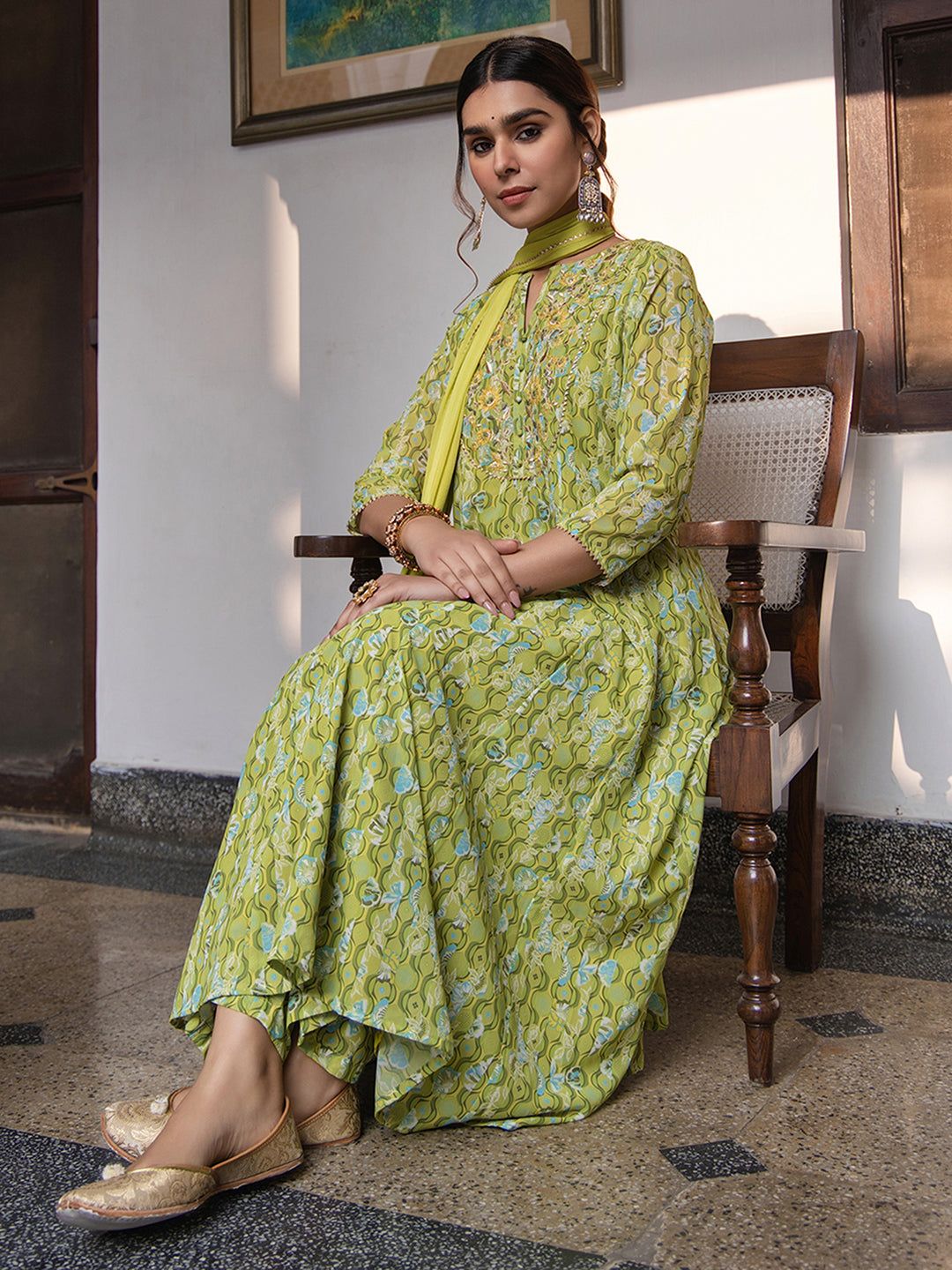 Janasya Anarkali Weightless Georgette Lime Green Yoke Embroidery Notch Neck Set | Swadesiicart