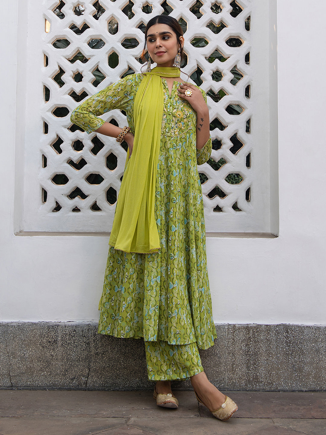 Janasya Anarkali Weightless Georgette Lime Green Yoke Embroidery Notch Neck Set | Swadesiicart