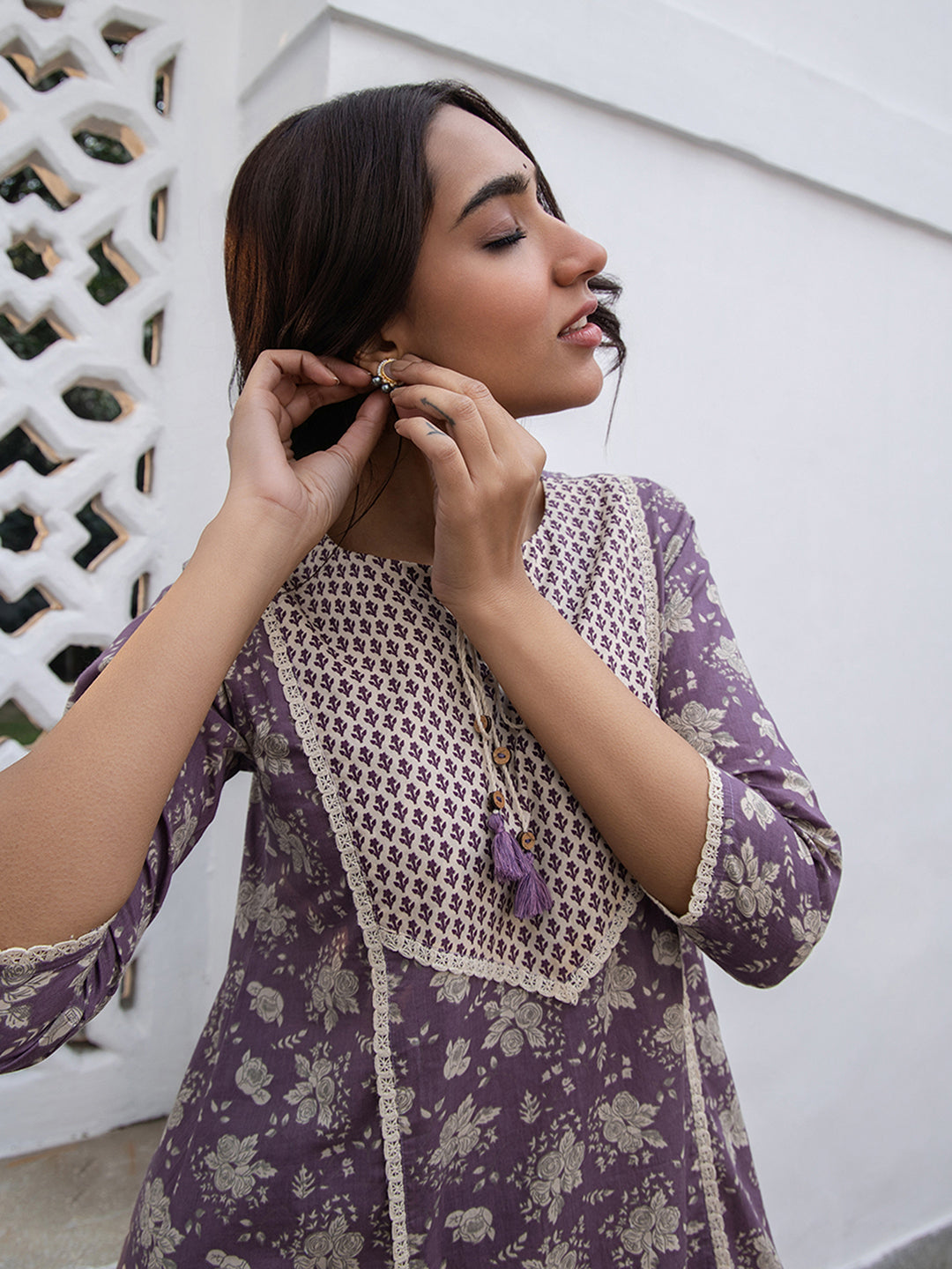 Janasya Purple Cotton Floral Kurta Set | Swadesiicart