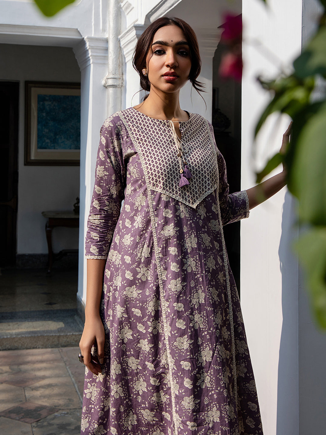Janasya Purple Cotton Floral Kurta Set | Swadesiicart