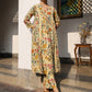 Janasya Gathered Cambric Beige Floral V-Neck Kurta & Bottom | Swadesiicart