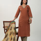 Janasya Regular Cambric Brown Floral V-Neck Set | Swadesiicart