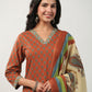 Janasya Regular Cambric Brown Floral V-Neck Set | Swadesiicart