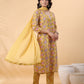 Janasya Straight Cambric Mustard Floral V-Neck Kurta,Bottom & Dupatta | Swadesiicart