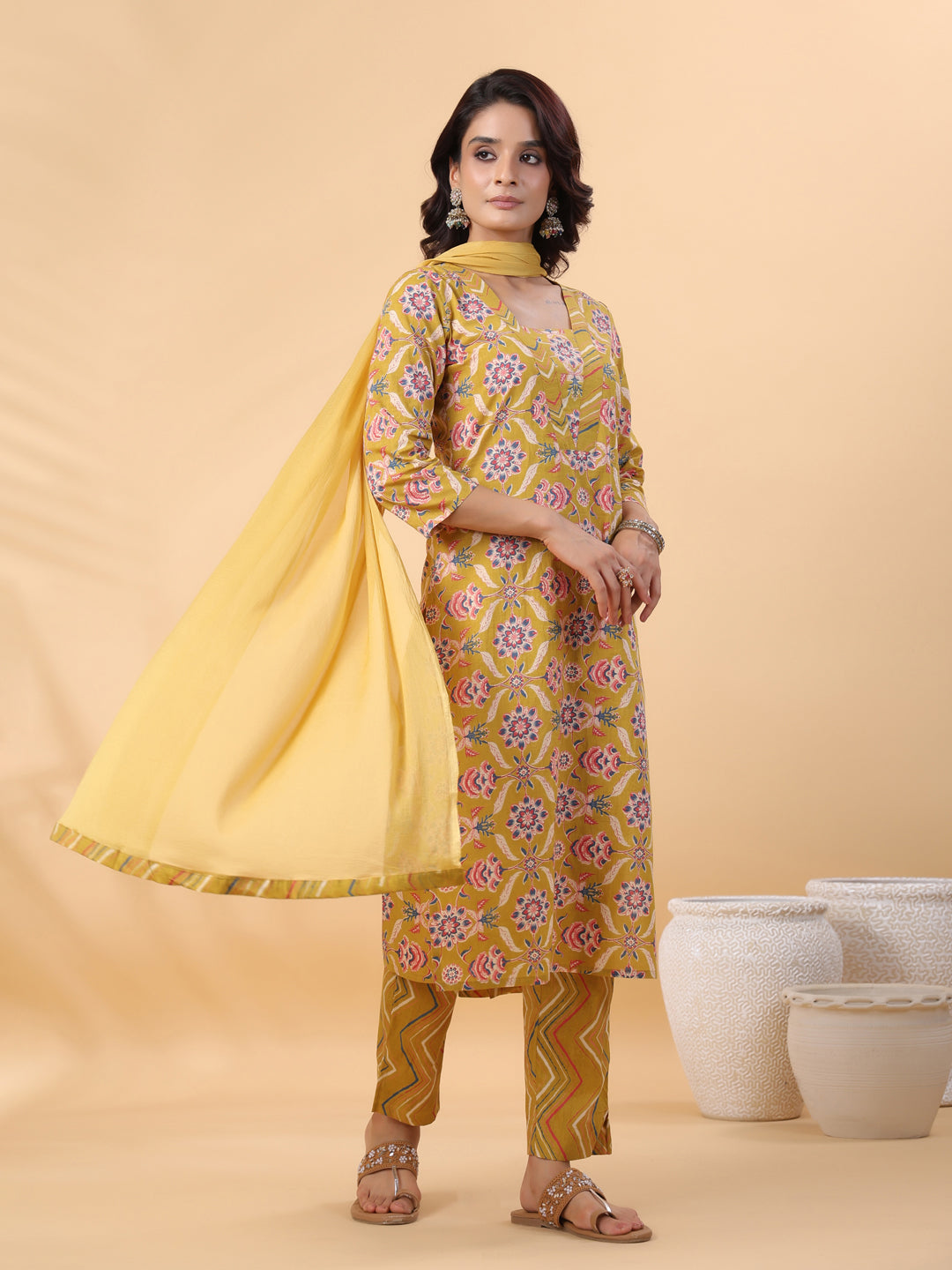 Janasya Straight Cambric Mustard Floral V-Neck Kurta,Bottom & Dupatta | Swadesiicart