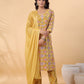 Janasya Straight Cambric Mustard Floral V-Neck Kurta,Bottom & Dupatta | Swadesiicart
