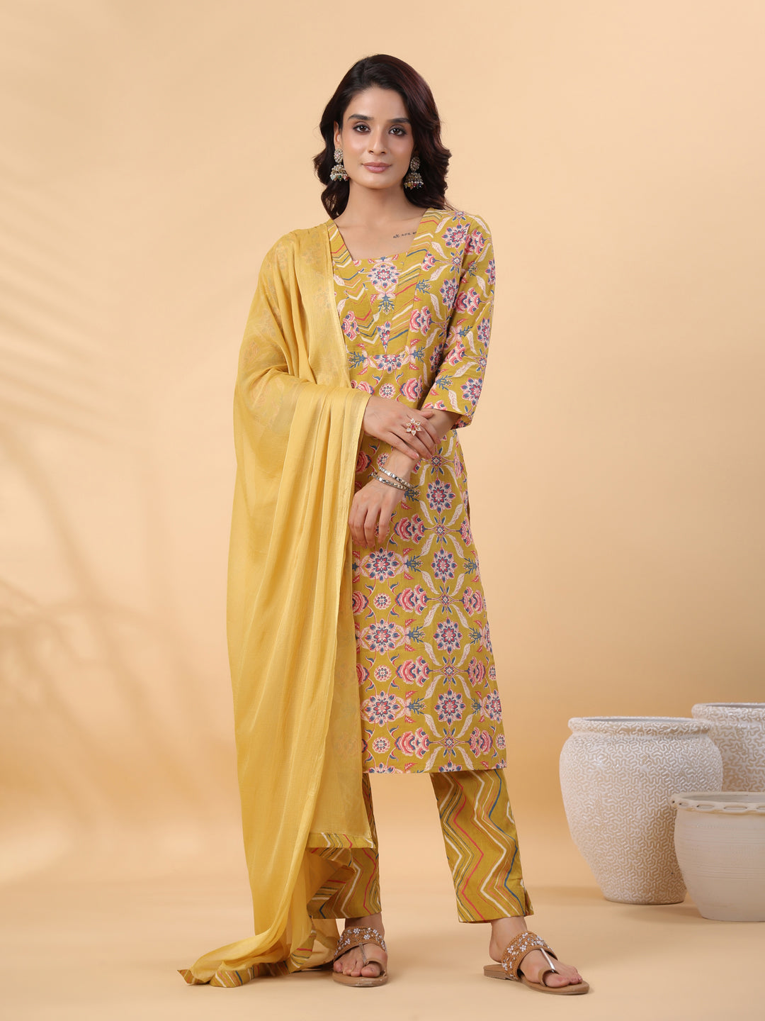 Janasya Straight Cambric Mustard Floral V-Neck Kurta,Bottom & Dupatta | Swadesiicart