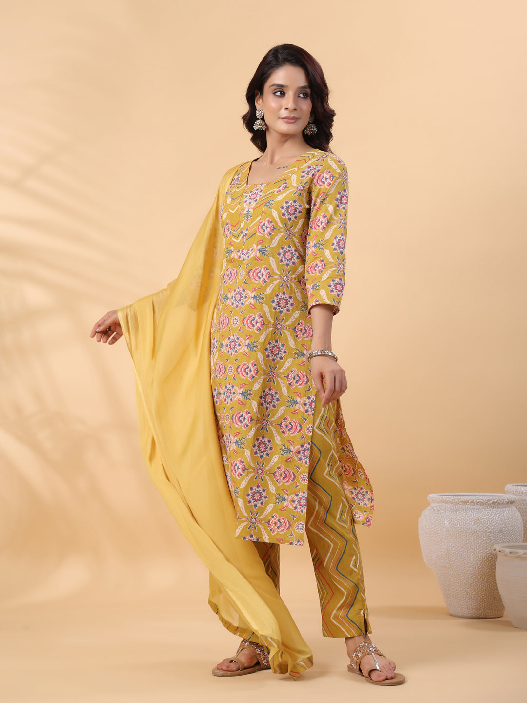 Janasya Straight Cambric Mustard Floral V-Neck Kurta,Bottom & Dupatta | Swadesiicart