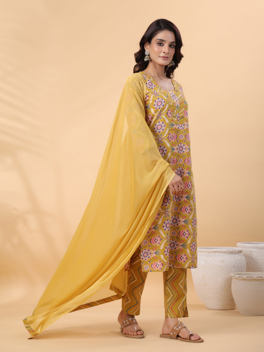 Janasya Straight Cambric Mustard Floral V-Neck Kurta,Bottom & Dupatta | Swadesiicart