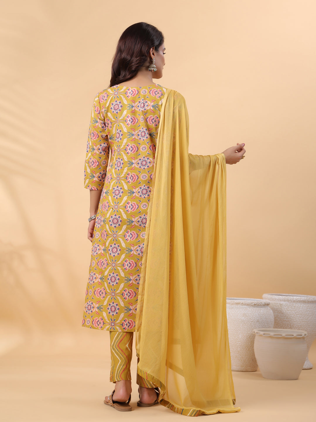 Janasya Straight Cambric Mustard Floral V-Neck Kurta,Bottom & Dupatta | Swadesiicart