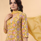 Janasya Straight Cambric Mustard Floral V-Neck Kurta,Bottom & Dupatta | Swadesiicart