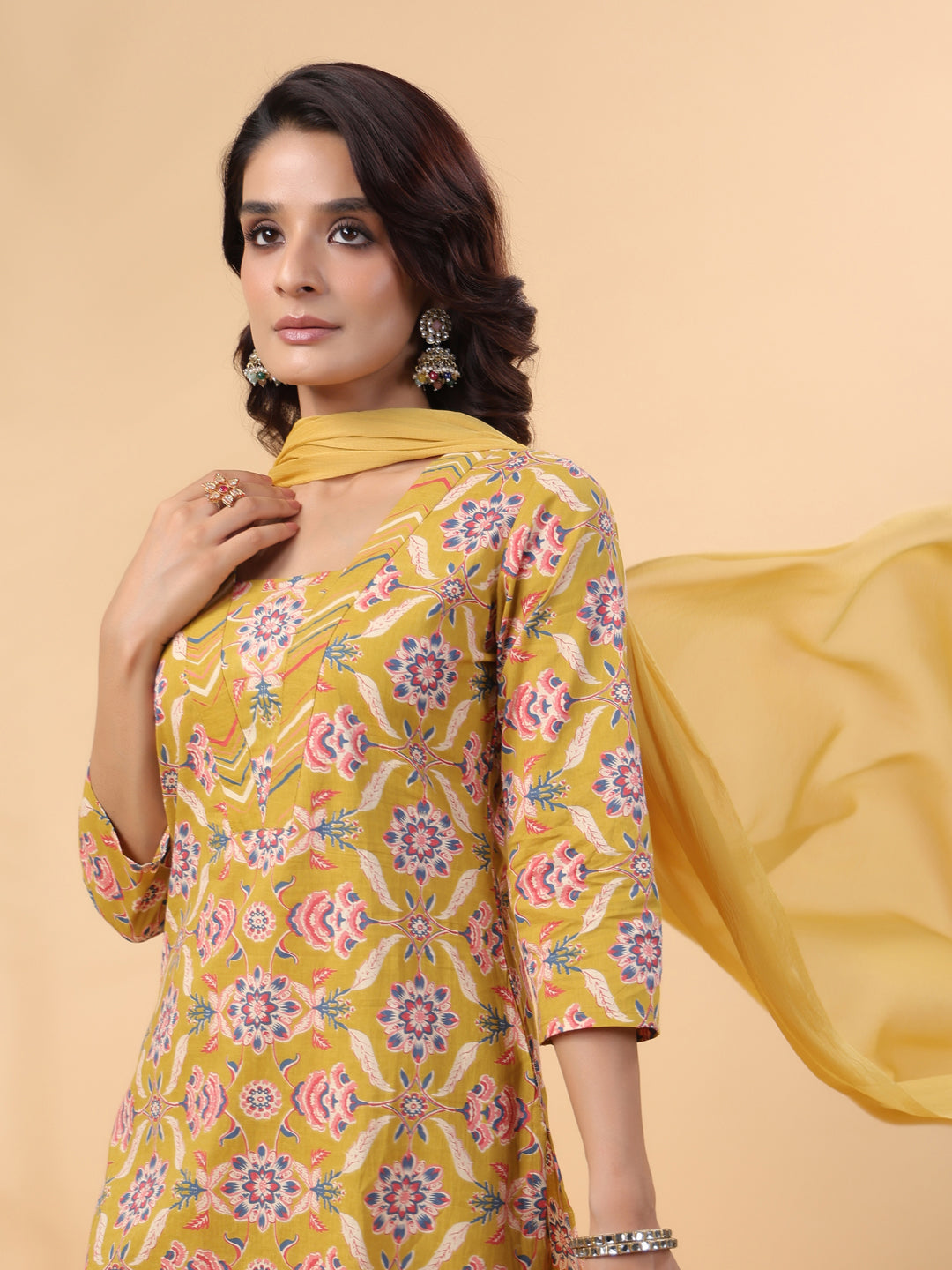 Janasya Straight Cambric Mustard Floral V-Neck Kurta,Bottom & Dupatta | Swadesiicart