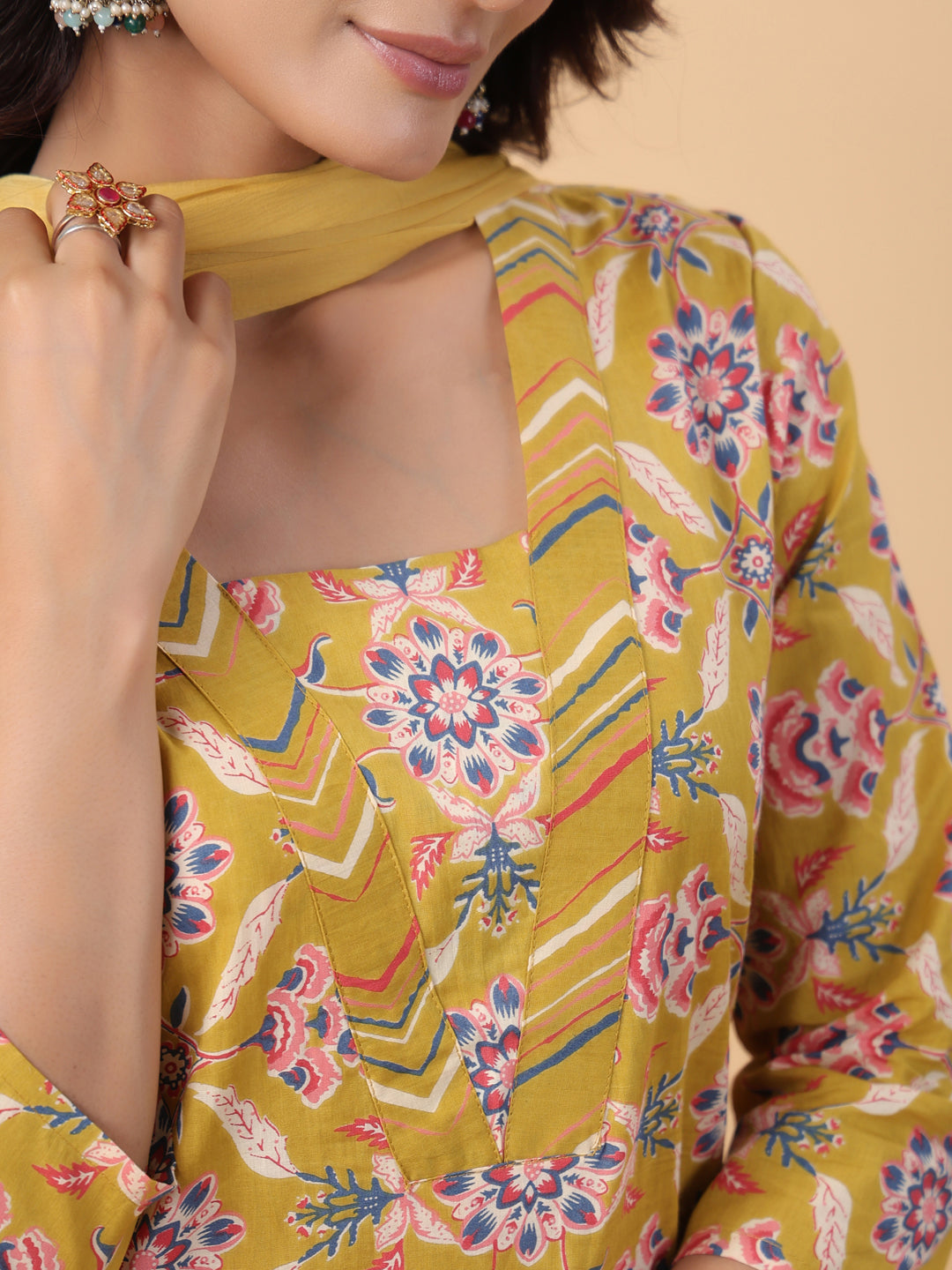 Janasya Straight Cambric Mustard Floral V-Neck Kurta,Bottom & Dupatta | Swadesiicart
