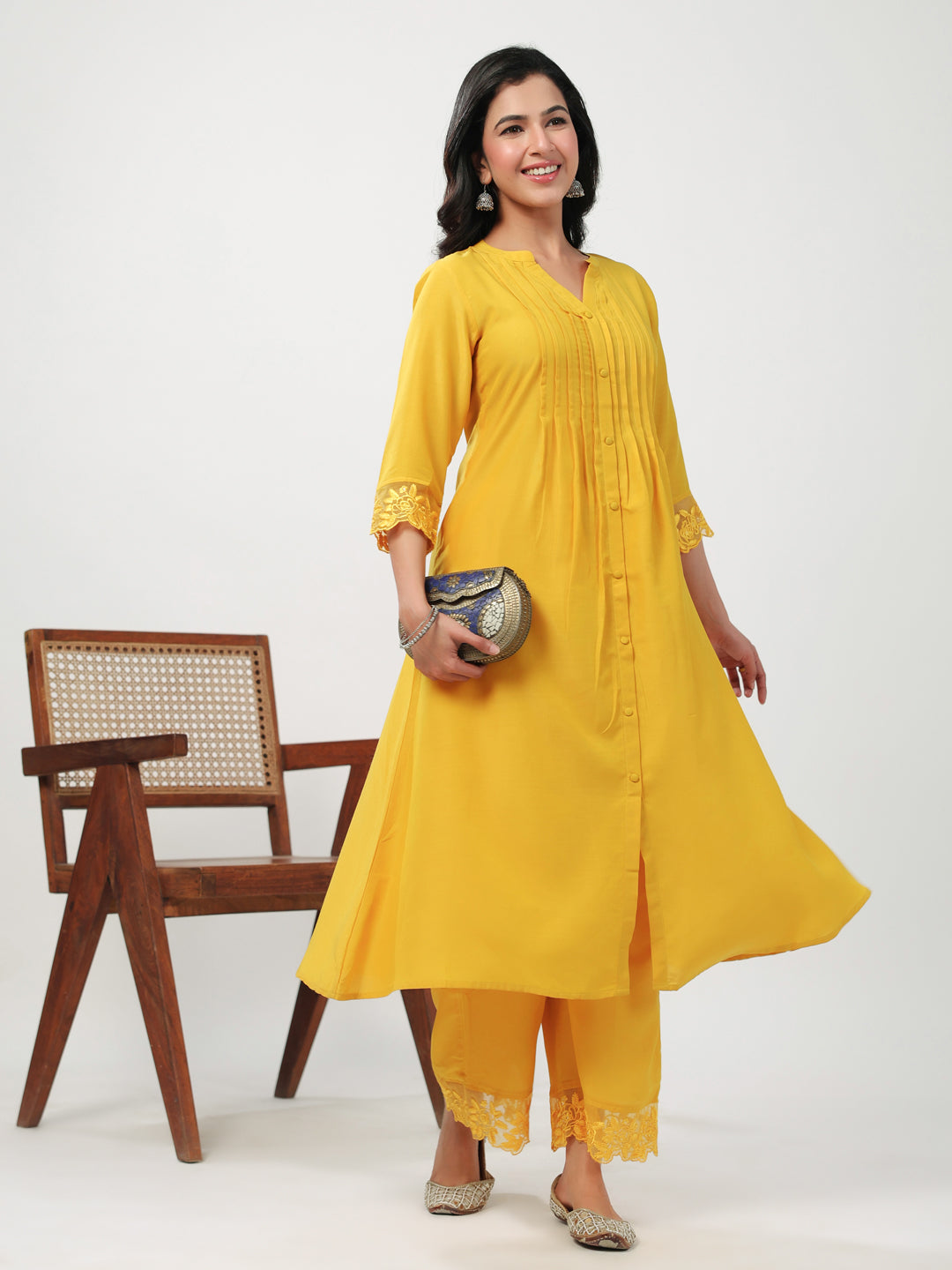 Janasya A-Line Muslin Yellow Embroidered V-Neck with Band Collar Kurta & Bottom | Swadesiicart