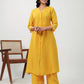 Janasya A-Line Muslin Yellow Embroidered V-Neck with Band Collar Kurta & Bottom | Swadesiicart