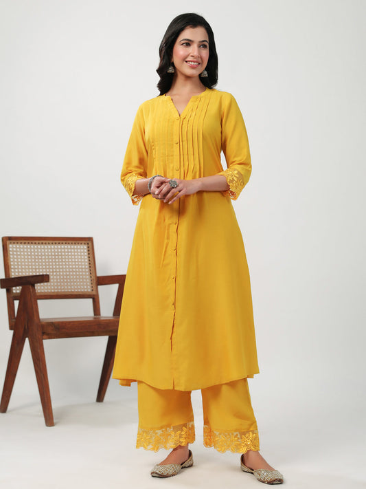 Janasya A-Line Muslin Yellow Embroidered V-Neck with Band Collar Kurta & Bottom | Swadesiicart