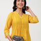 Janasya A-Line Muslin Yellow Embroidered V-Neck with Band Collar Kurta & Bottom | Swadesiicart