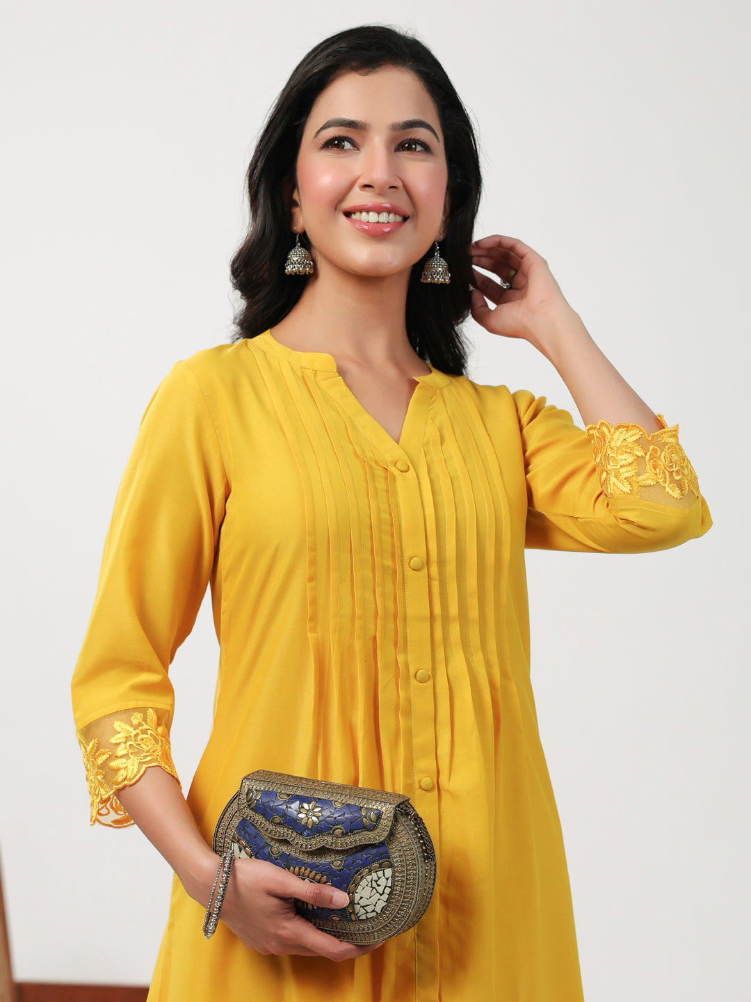 Janasya A-Line Muslin Yellow Embroidered V-Neck with Band Collar Kurta & Bottom | Swadesiicart