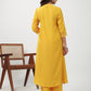Janasya A-Line Muslin Yellow Embroidered V-Neck with Band Collar Kurta & Bottom | Swadesiicart