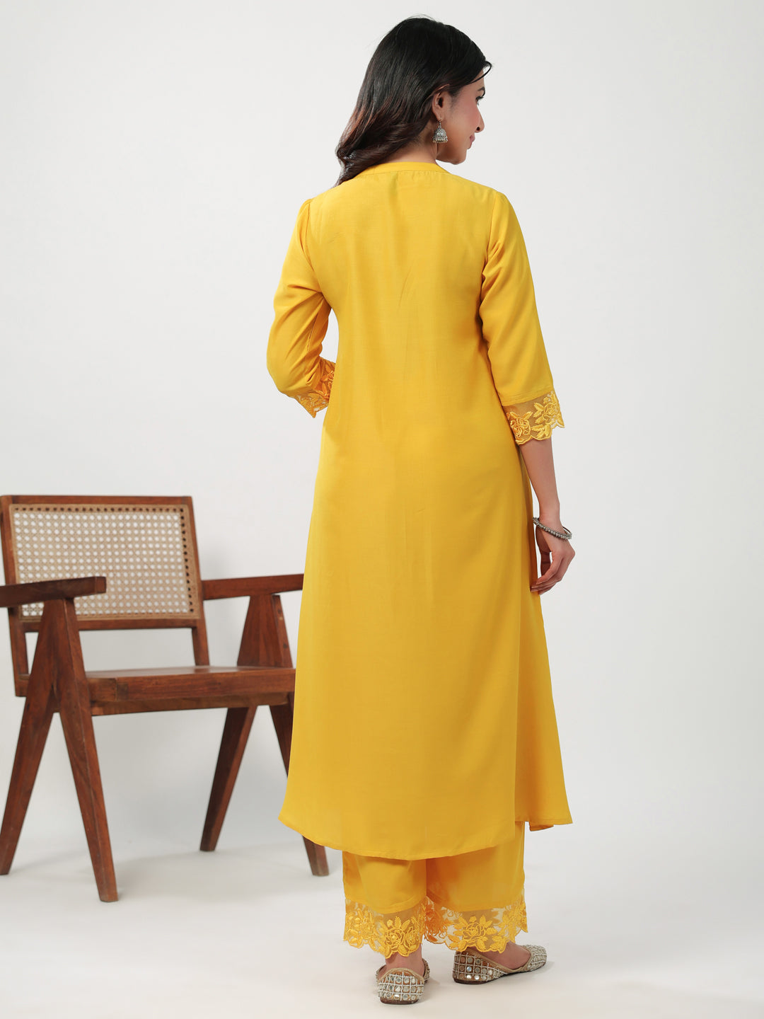 Janasya A-Line Muslin Yellow Embroidered V-Neck with Band Collar Kurta & Bottom | Swadesiicart