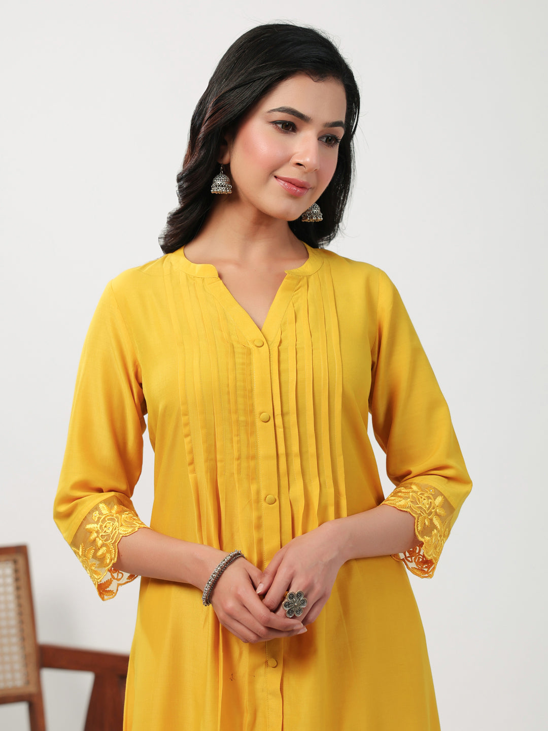 Janasya A-Line Muslin Yellow Embroidered V-Neck with Band Collar Kurta & Bottom | Swadesiicart