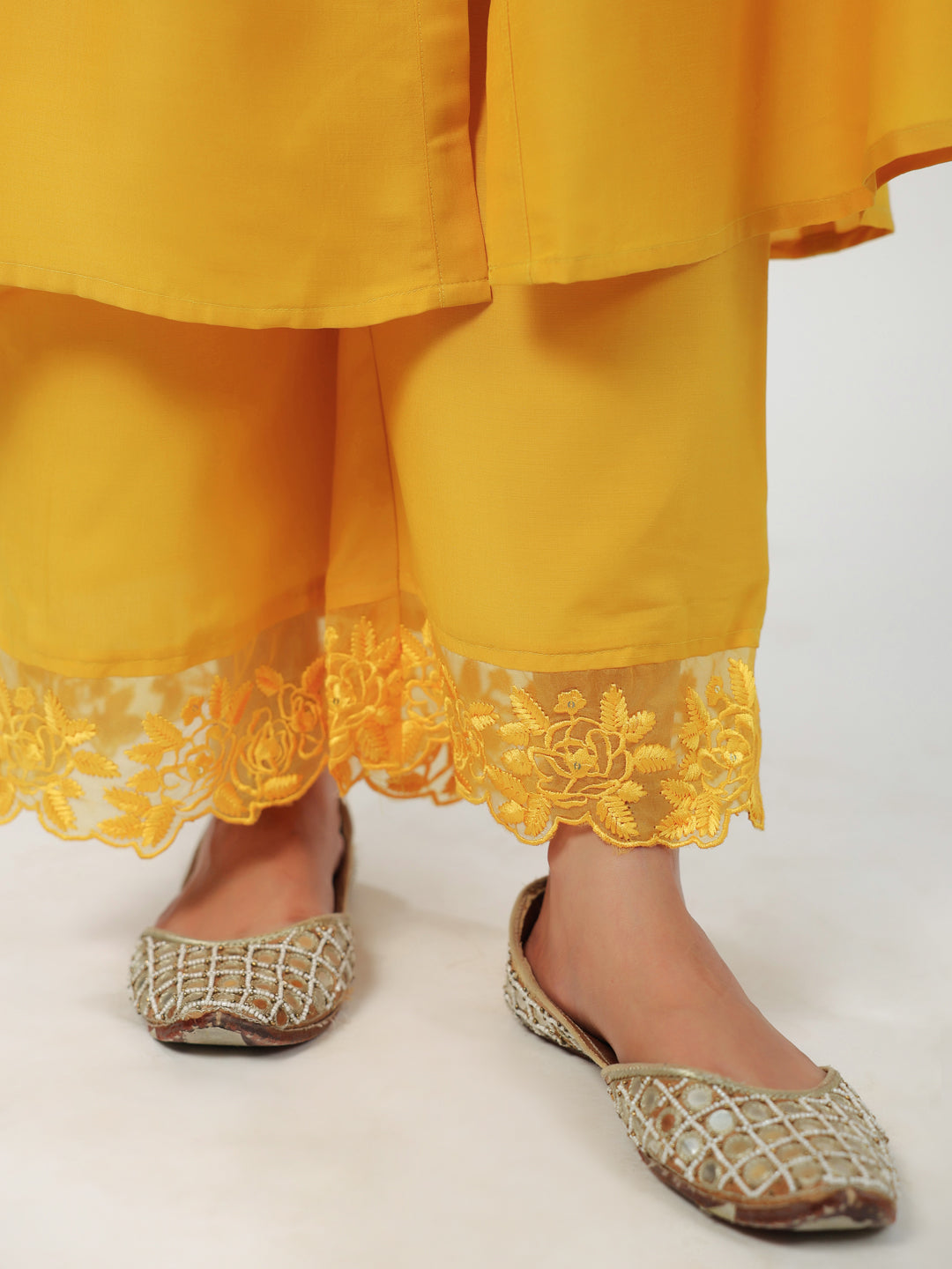 Janasya A-Line Muslin Yellow Embroidered V-Neck with Band Collar Kurta & Bottom | Swadesiicart