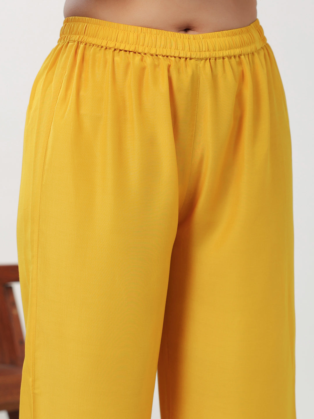 Janasya A-Line Muslin Yellow Embroidered V-Neck with Band Collar Kurta & Bottom | Swadesiicart