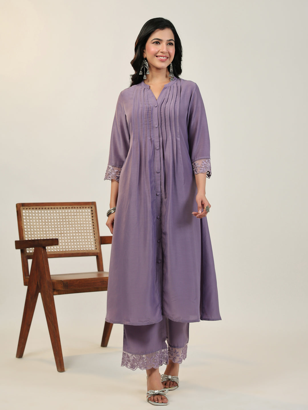 Janasya A-Line Muslin Lavender Solid V-Neck with Band Collar Kurta & Bottom | Swadesiicart