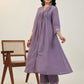 Janasya A-Line Muslin Lavender Solid V-Neck with Band Collar Kurta & Bottom | Swadesiicart