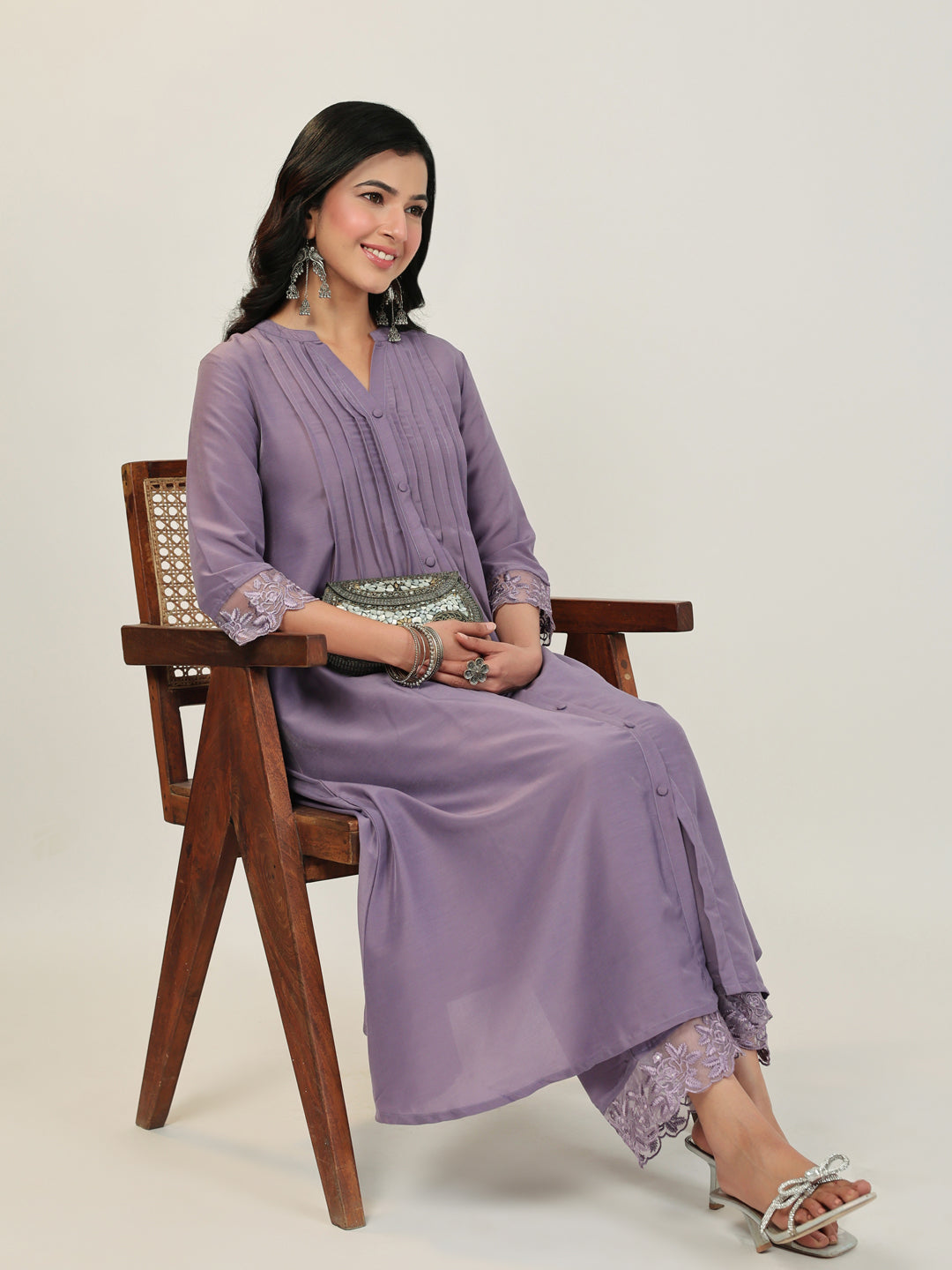 Janasya A-Line Muslin Lavender Solid V-Neck with Band Collar Kurta & Bottom | Swadesiicart