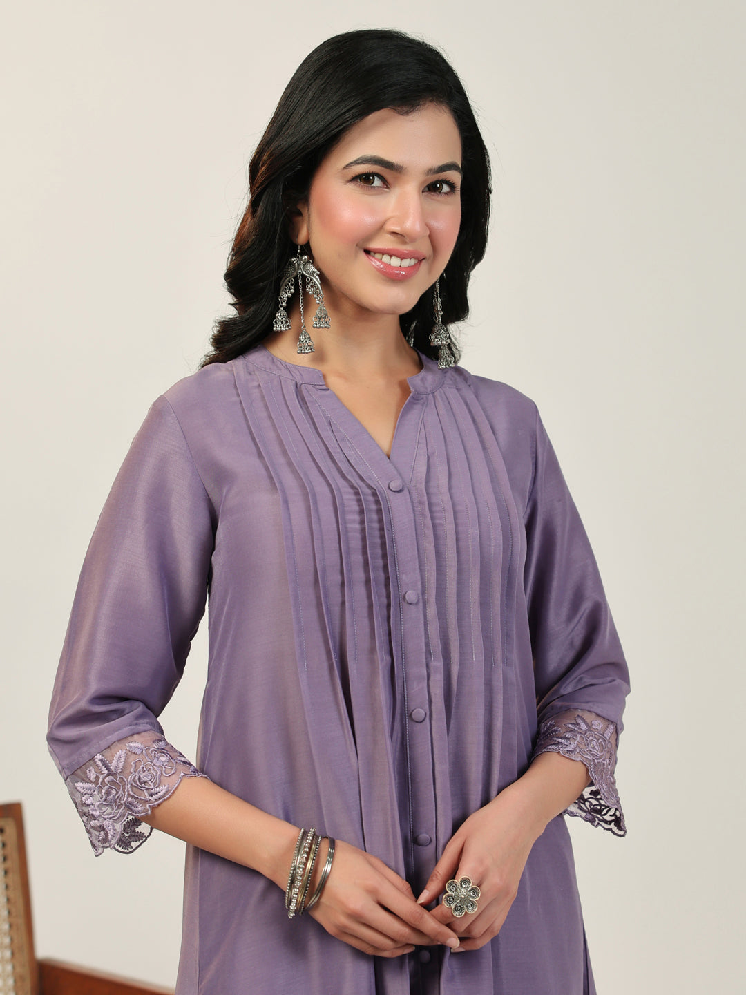 Janasya A-Line Muslin Lavender Solid V-Neck with Band Collar Kurta & Bottom | Swadesiicart