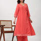 Janasya Angrakha Muslin Peach Solid V-Neck Kurta & Bottom | Swadesiicart