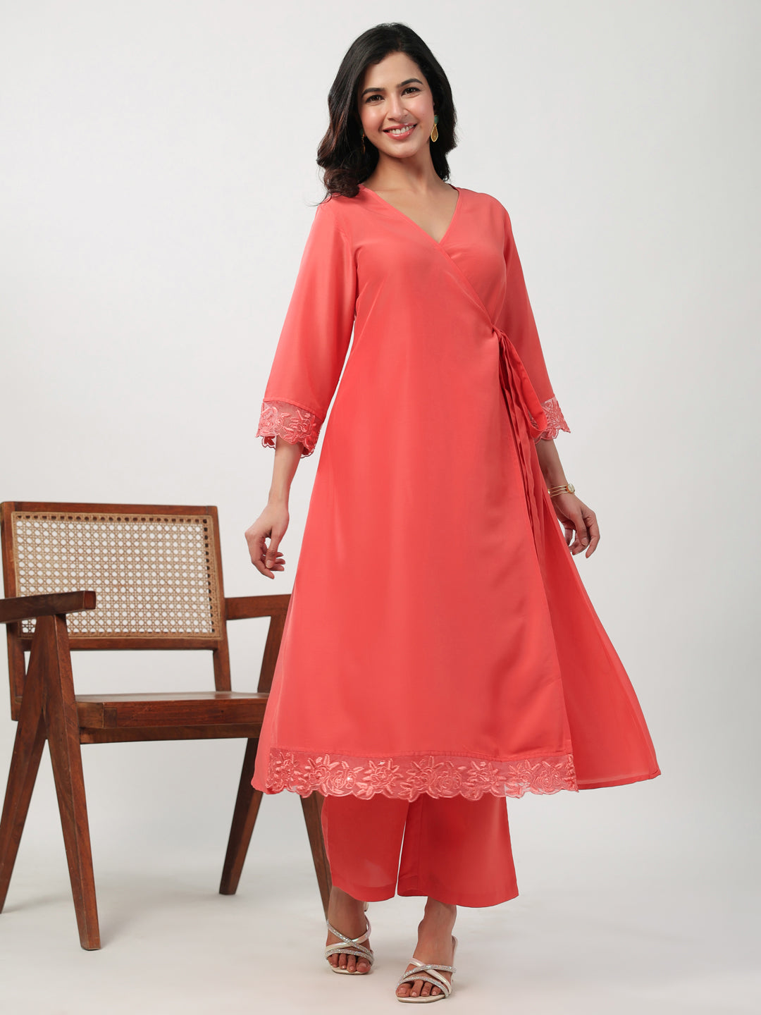 Janasya Angrakha Muslin Peach Solid V-Neck Kurta & Bottom | Swadesiicart