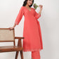 Janasya Angrakha Muslin Peach Solid V-Neck Kurta & Bottom | Swadesiicart