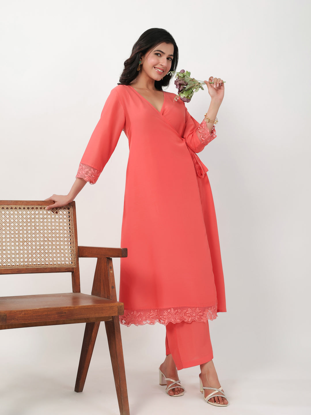 Janasya Angrakha Muslin Peach Solid V-Neck Kurta & Bottom | Swadesiicart