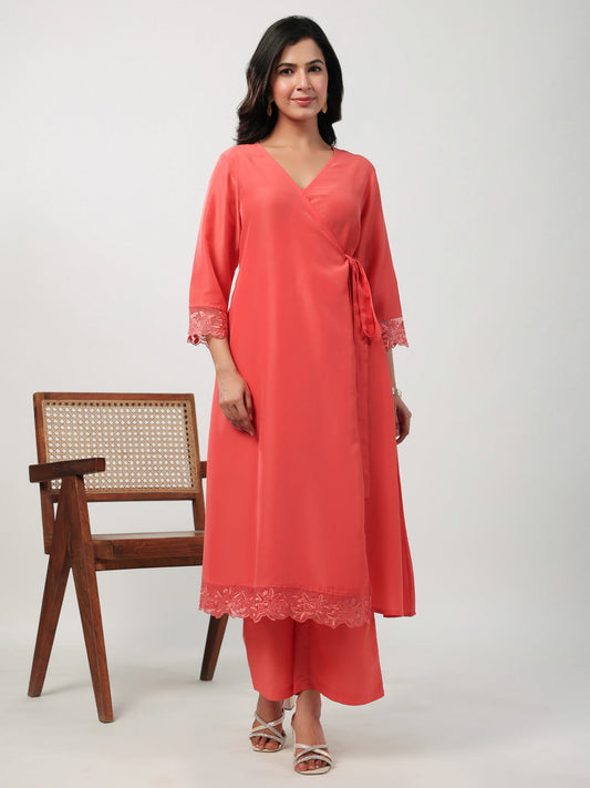 Janasya Angrakha Muslin Peach Solid V-Neck Kurta & Bottom | Swadesiicart