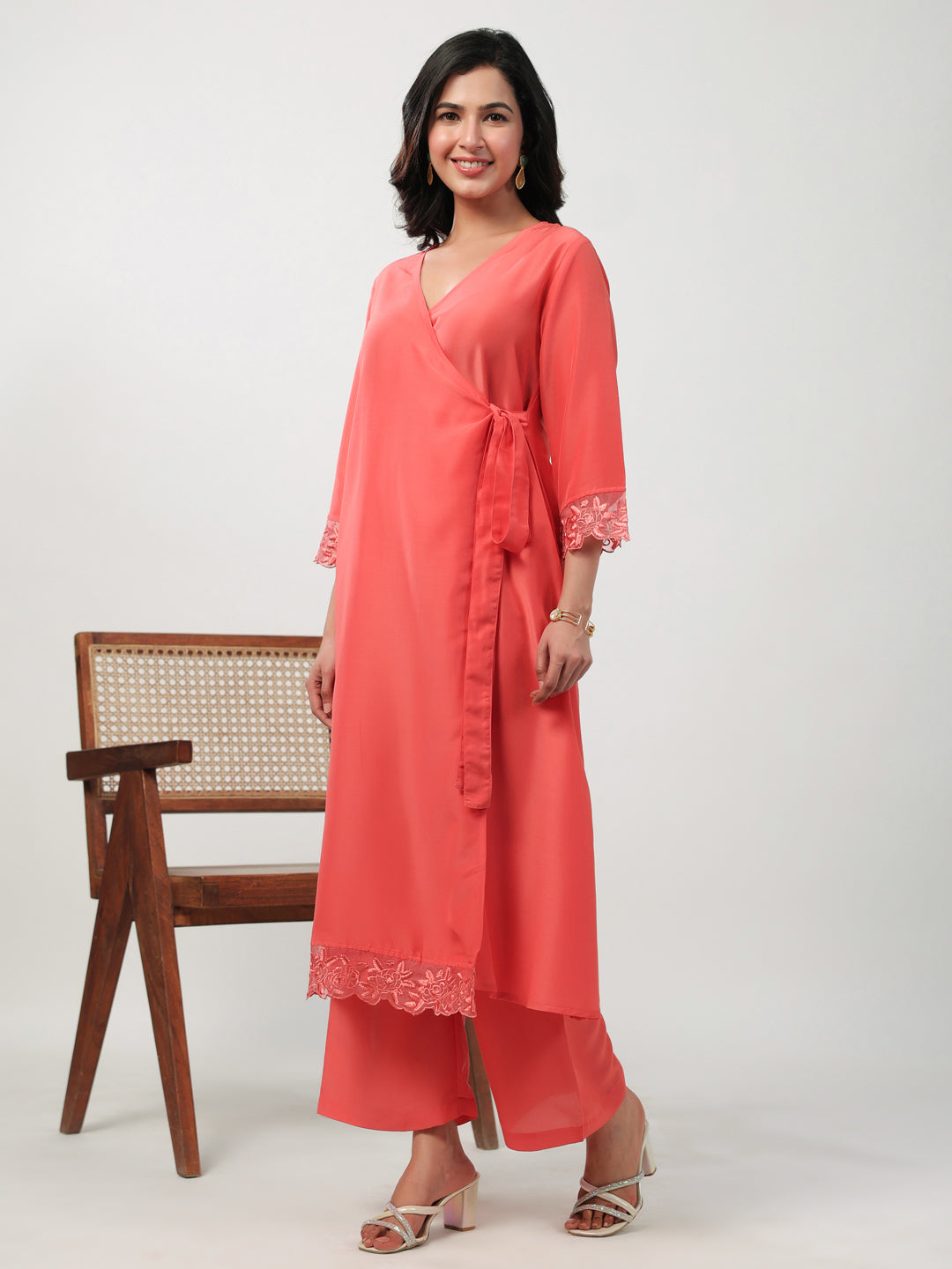 Janasya Angrakha Muslin Peach Solid V-Neck Kurta & Bottom | Swadesiicart
