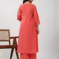 Janasya Angrakha Muslin Peach Solid V-Neck Kurta & Bottom | Swadesiicart