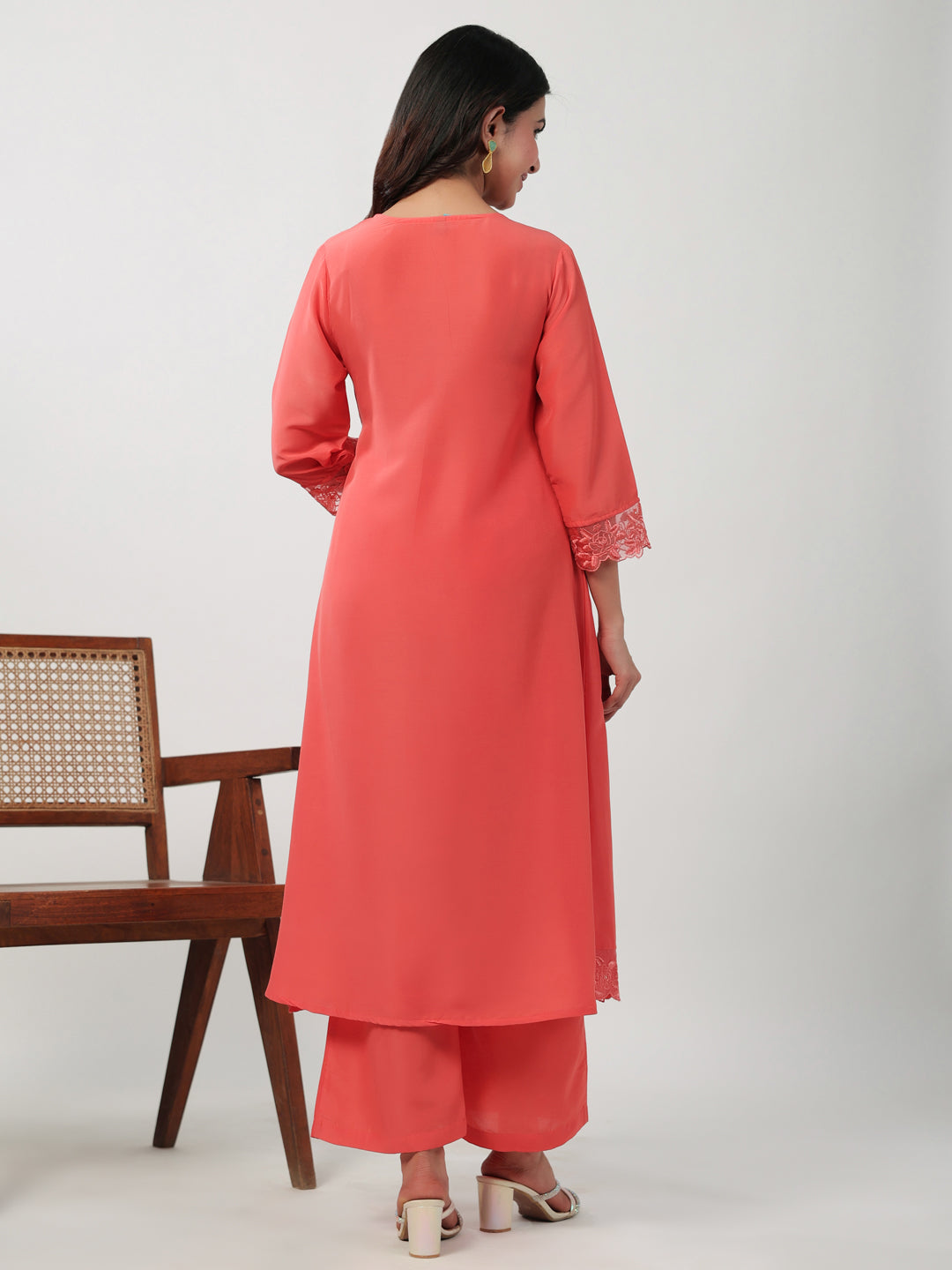 Janasya Angrakha Muslin Peach Solid V-Neck Kurta & Bottom | Swadesiicart