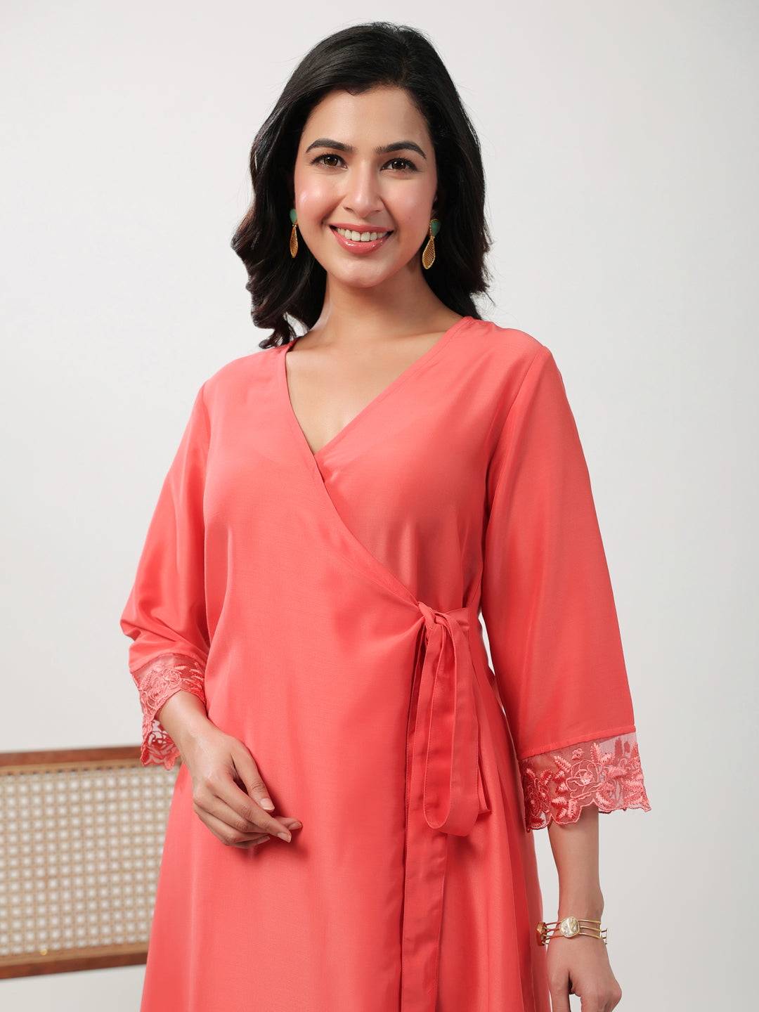 Janasya Angrakha Muslin Peach Solid V-Neck Kurta & Bottom | Swadesiicart