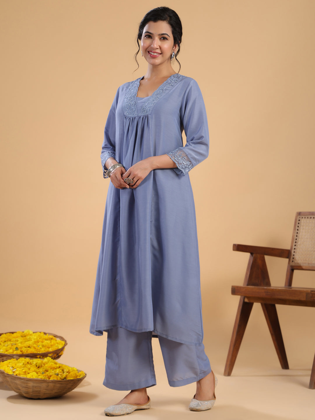 Janasya Gathering Muslin Blue Solid V-Neck Set | Swadesiicart