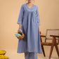 Janasya Gathering Muslin Blue Solid V-Neck Set | Swadesiicart