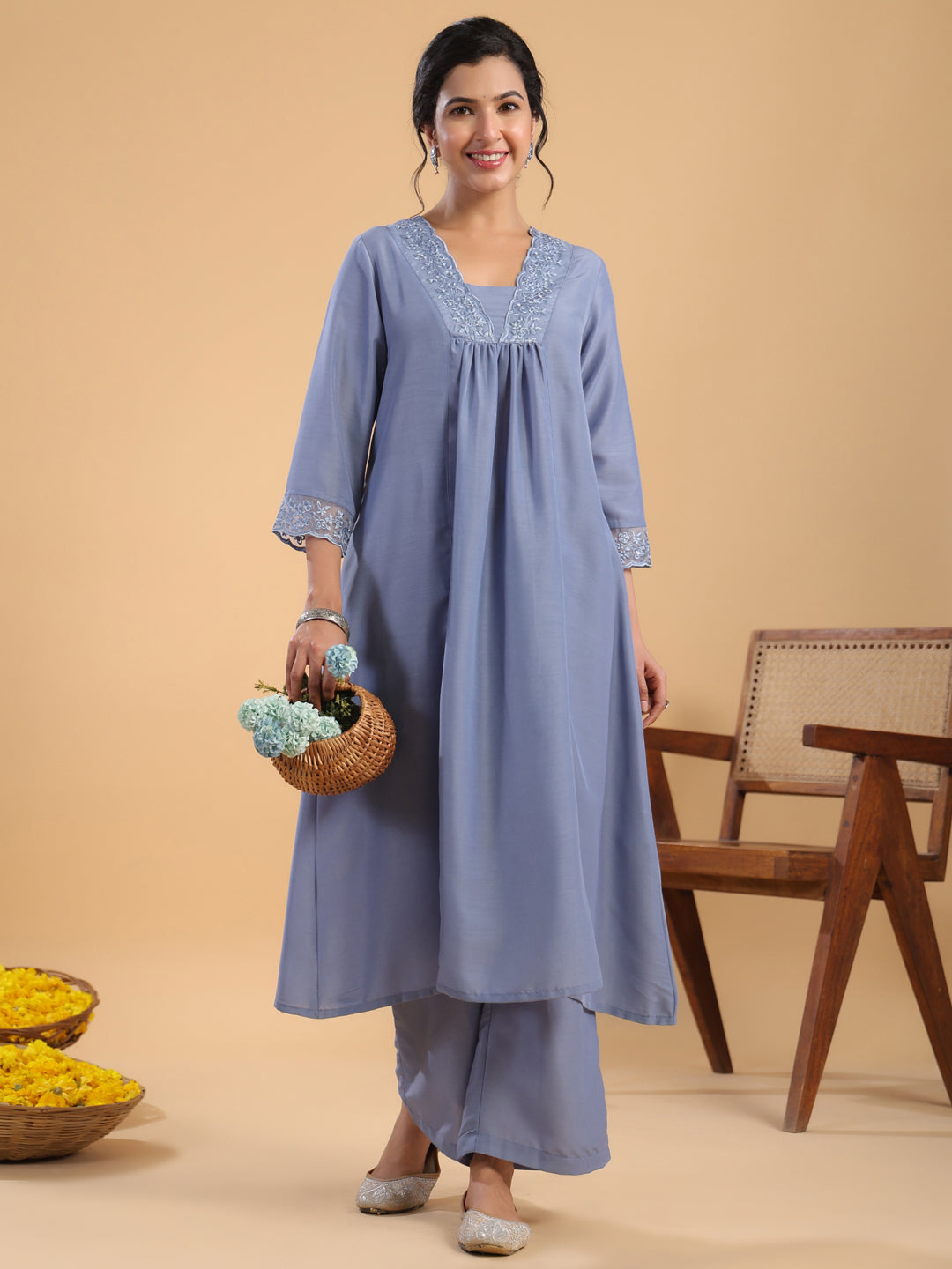 Janasya Gathering Muslin Blue Solid V-Neck Set | Swadesiicart