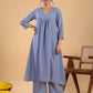 Janasya Gathering Muslin Blue Solid V-Neck Set | Swadesiicart