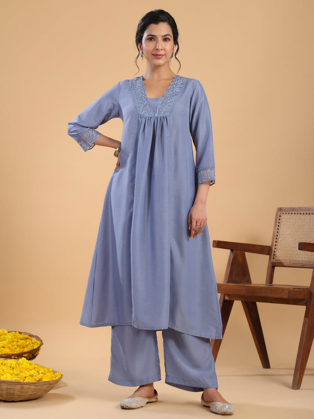 Janasya Gathering Muslin Blue Solid V-Neck Set | Swadesiicart